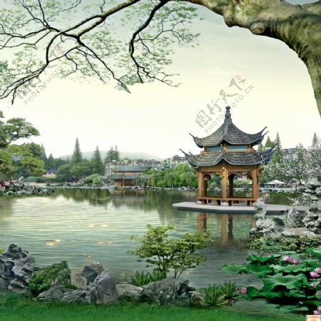 江南庭院风景背景图