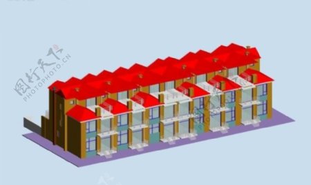 红色尖顶时尚风格联排别墅3D模型