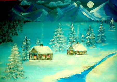油画圣诞夜晚图片