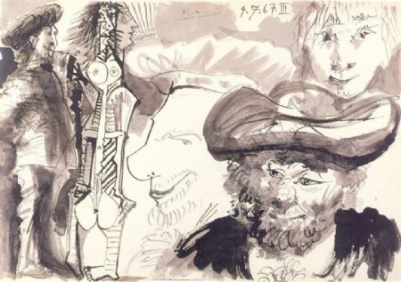1967Personnagesrembranesques西班牙画家巴勃罗毕加索抽象油画人物人体油画装饰画
