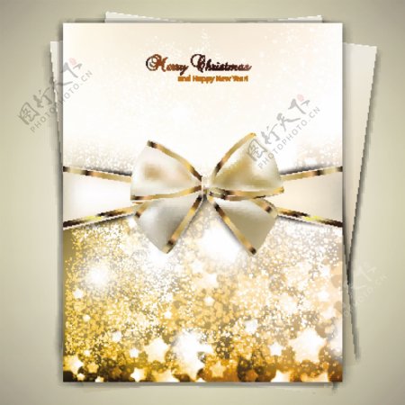 金色华丽圣诞花圈蝴蝶结丝带卡片矢量