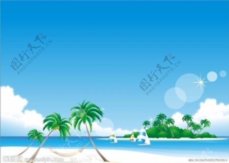 海边椰树小岛与蓝天白云