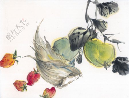 水墨画中国风鱼蔬菜篮子中华艺术绘画