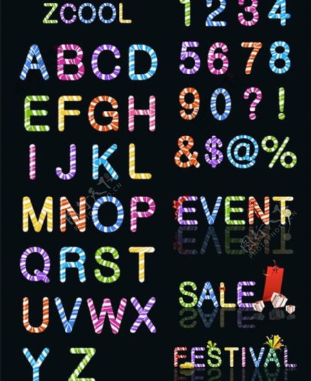 彩色糖果英文字母及数字矢量素材图片