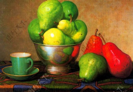 油画餐桌上的红皮和绿皮梨图片