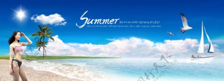 海边沙滩泳衣女人度假帆船蓝天白云影骑韩国实用设计分层源文件PSD源文件