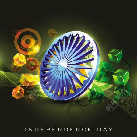 印度国旗色彩创意花卉背景与三维阿育王轮