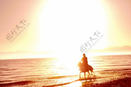 朝阳下的骑马人