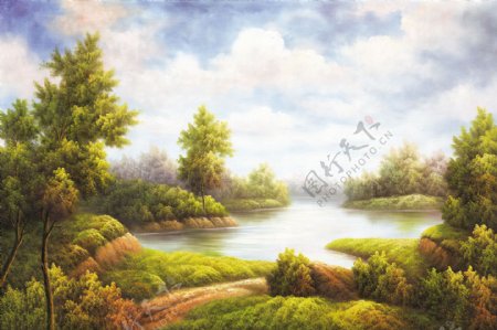湖光欧美唯美风景油画无框画装饰画专用