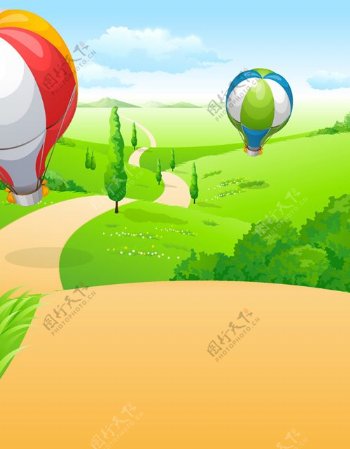 热气球和美丽风景矢量02