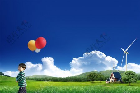 蓝天白云草地草坪气球儿童风车别墅日韩盛典