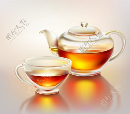 现实的玻璃茶壶和茶杯向量
