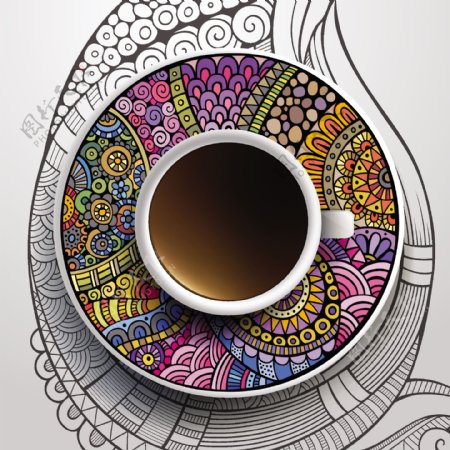 民族图案装饰和咖啡杯矢量02