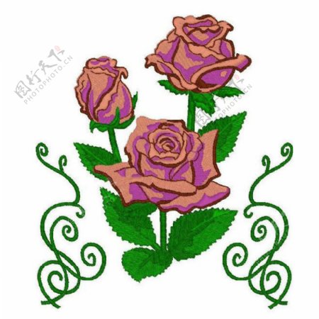 绣花玫瑰花纹树叶免费素材