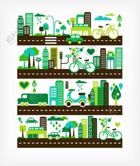 卡通绿色城市元素矢量图01