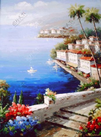 海边别墅风景油画