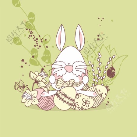 插画花朵前的兔子和蛋