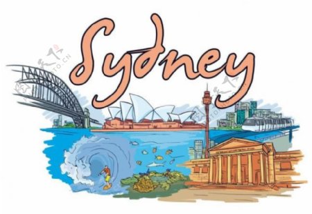 手绘澳大利亚悉尼城市建筑风光图片