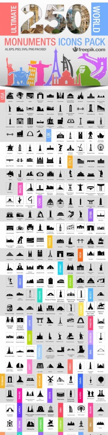 250个世界标志性建筑图标矢量