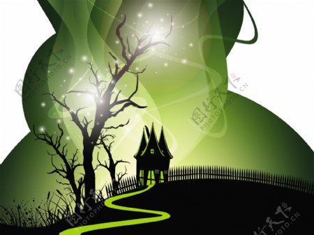 万圣节之夜的背景与闹鬼的房子和树木死亡的EPS10