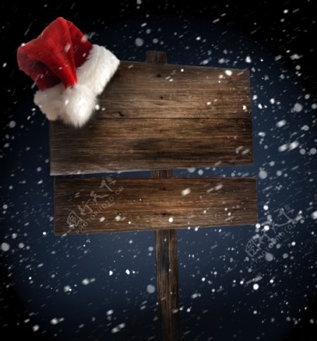 圣诞雪夜木纹木板广告牌圣诞帽图片