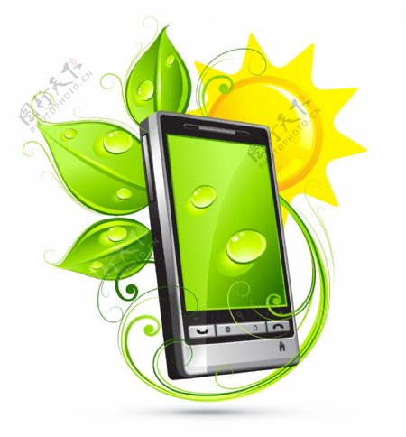 绿色环保手机绿叶水珠水滴图片