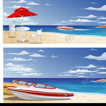 海边太阳伞游艇图片
