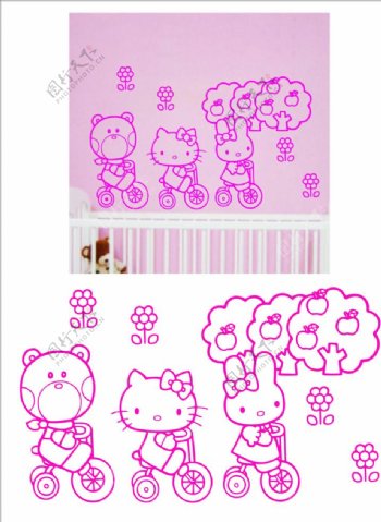 KT猫骑自行车墙贴图片