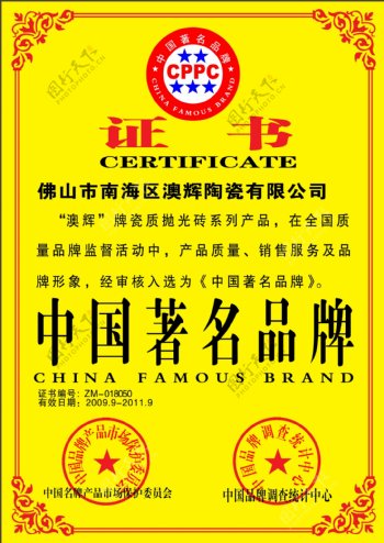 中国著名品牌证书图片