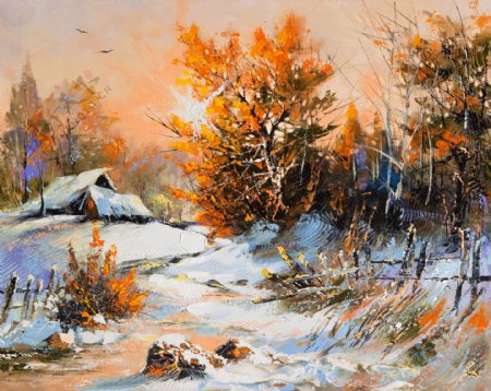 雪中风景油画图片