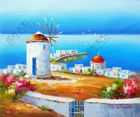 希腊爱琴海建筑油画图片