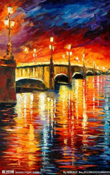 油画石桥夜景图片