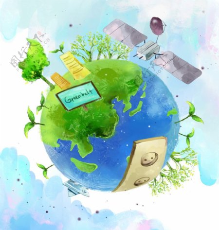 手绘卡通绿色地球节能环保素材图片