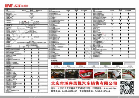 瑞风S3配置表背面图片