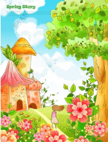 卡通春天梦幻花纹花朵蓝天白云城堡图片