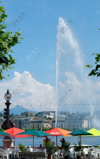瑞士萊蒙湖喷泉图片