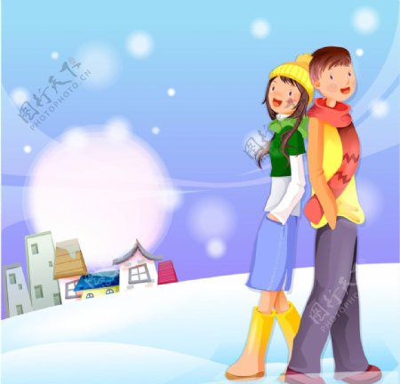 情侣背靠背站在雪地里图片