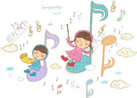 音符上演奏乐器的孩子图片