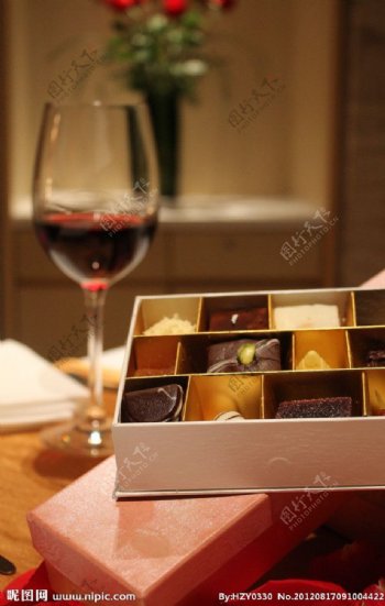 情人节巧克力和红酒图片