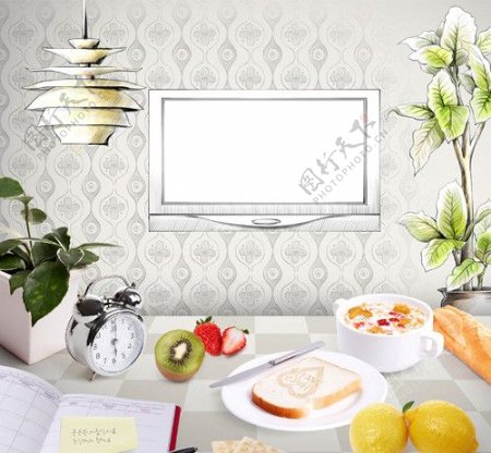 手绘电视墙背景前的餐桌图片