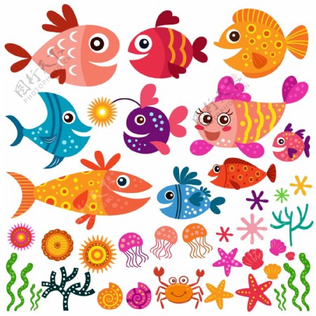 卡通夏季鱼类和贝壳收集