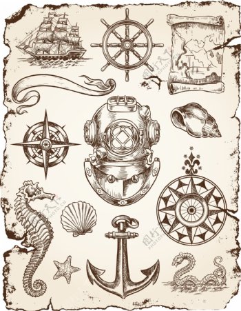 怀旧手绘航海图标
