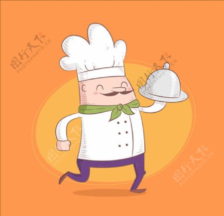 卡通微笑着端菜的胖厨师