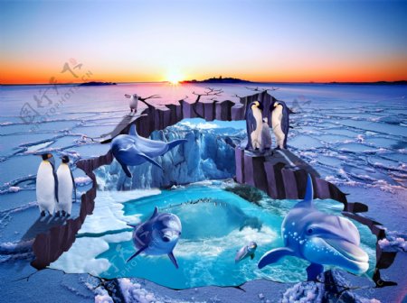 冰河冰川企鹅浴室3D地板地砖