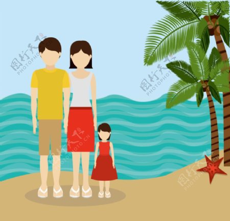 海边度假的三口之家矢量图