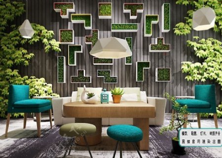 沙发休闲椅吊灯藤类植物墙