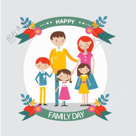 卡通花卉彩带幸福家庭插图