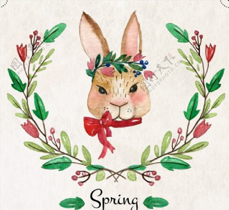 水彩绘兔子头像和花卉矢量素材