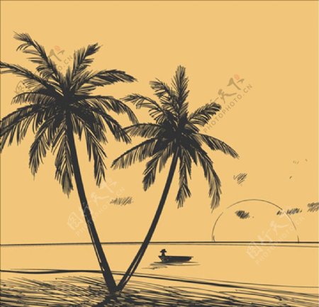 手绘素描海边棕榈树风景