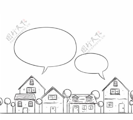 手绘房屋与语言气泡矢量图